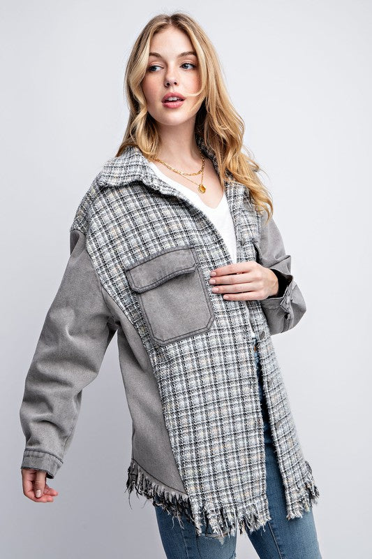 Tweed Mixed Denim Shacket with Fringed Hem