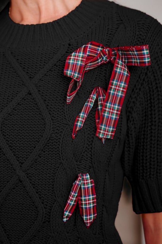 Christmas Plaid Lace-Up Puff Sleeve Sweater