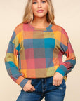 Haptics Contrast Plaid Round Neck Sweater