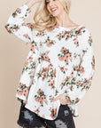 Super Lady Full Size Babydoll Floral Boat Neck Long Sleeve Blouse