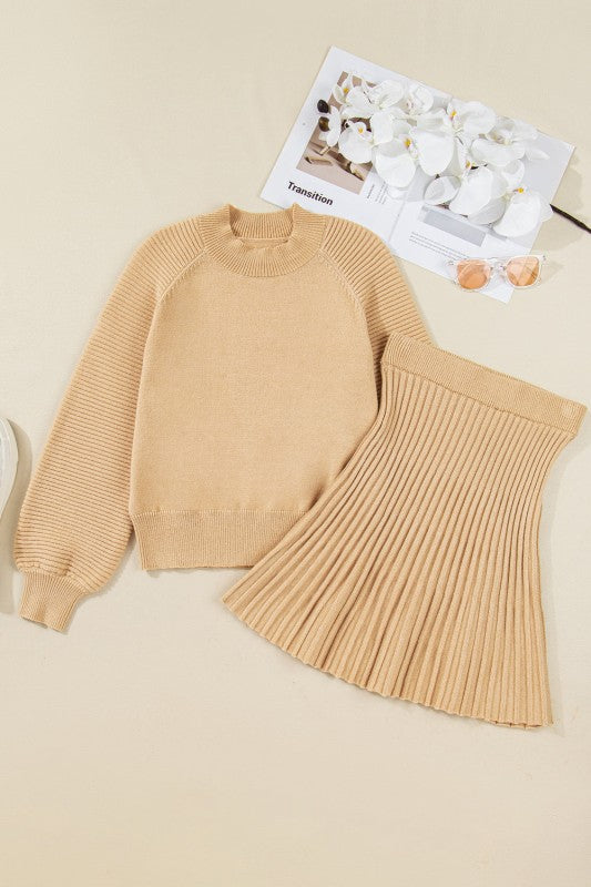 Solid High Neck Sweater and Pleated Mini Skirt Set