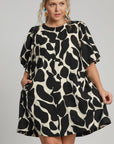 Umgee Full Size Two Tone Abstract Print Puff Sleeve Dress Plus Size