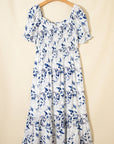 Floral Smocked Puff Sleeve Tiered Midi Dress