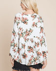 Super Lady Full Size Babydoll Floral Boat Neck Long Sleeve Blouse