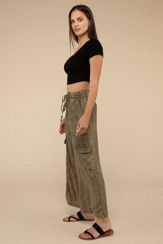 ZENANA Washed Linen Elastic Band Waist Cargo Pants