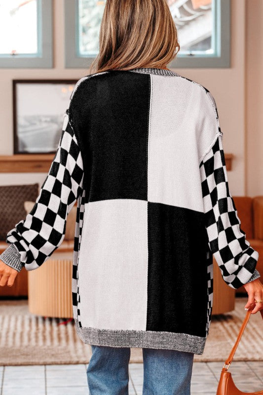 Checker Open Front Drop Shoulder Cardigan