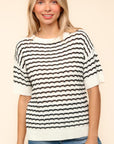 Haptics Openwork Striped Round Neck Half Sleeve Knit Top