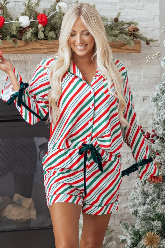 Christmas Stripe Velvet Bow Cuffs Pajama Set