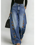 Women's Metal Eyelet High Waist Loose Wide-Leg Jeans – Light Blue, Black, Dark Blue