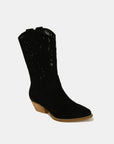 Beast Fashion Faux Suede Laser Cut Detail Block Heel Boots