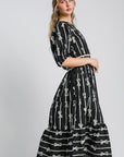 Umgee Bow Tie Print Notched Contrast Velvet Trim Midi Dress