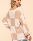 Haptics Full Size Checkered Round Neck Drop Shoulder Sweater