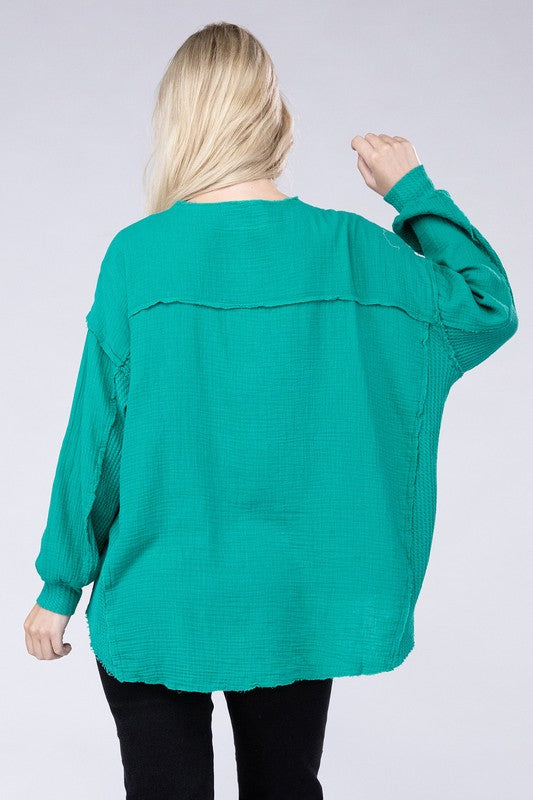 ZENANA Double Gauze Oversized 3/4 Button Henley Neck Top