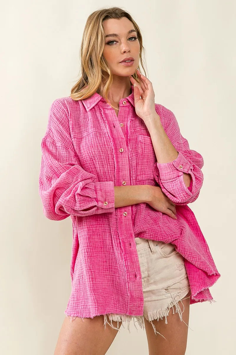 BiBi Raw Edge Detailed Mineral Washed Loose Fit Shirt in Fuchsia