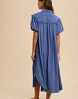 Annie Wear Mineral Washed Button Down Puff Sleeve Shirt Dress