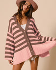 BiBi Slit Striped V-Neck Button Up Cardigan