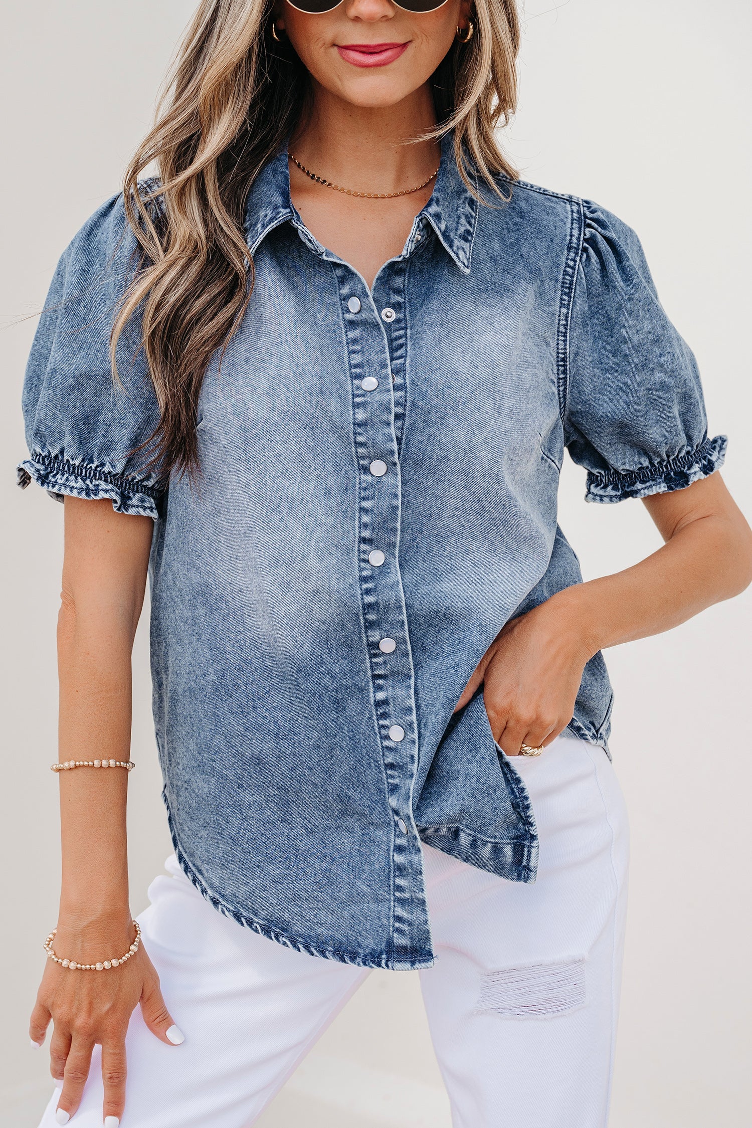 Denim Frilled Short Sleeve Snap Button Shirt