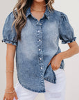Denim Frilled Short Sleeve Snap Button Shirt