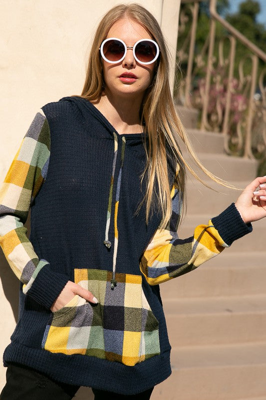 e Luna Plaid Mixed Hoodie Sweatshirt