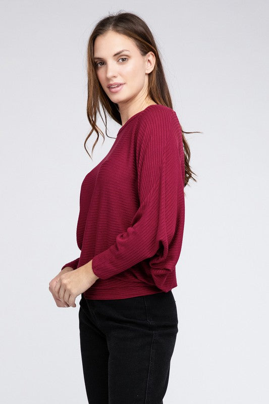 Zenana Ribbed Batwing Long Sleeve Boat Neck Sweater