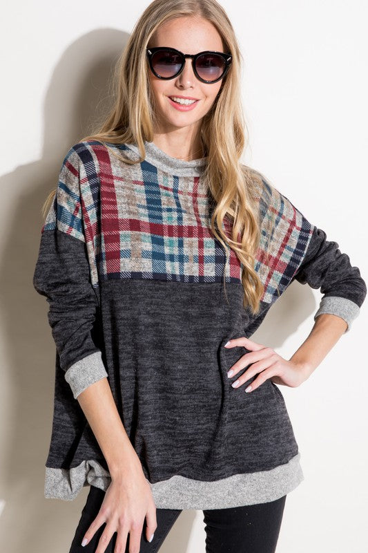 e Luna PLUS Solid Plaid Mock Neck Top