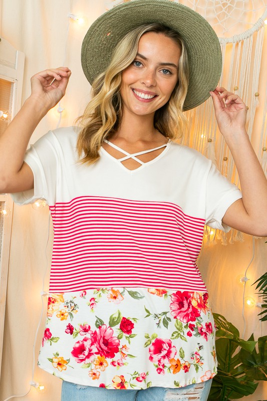 e Luna PLUS Solid Striped Floral Jersey Top