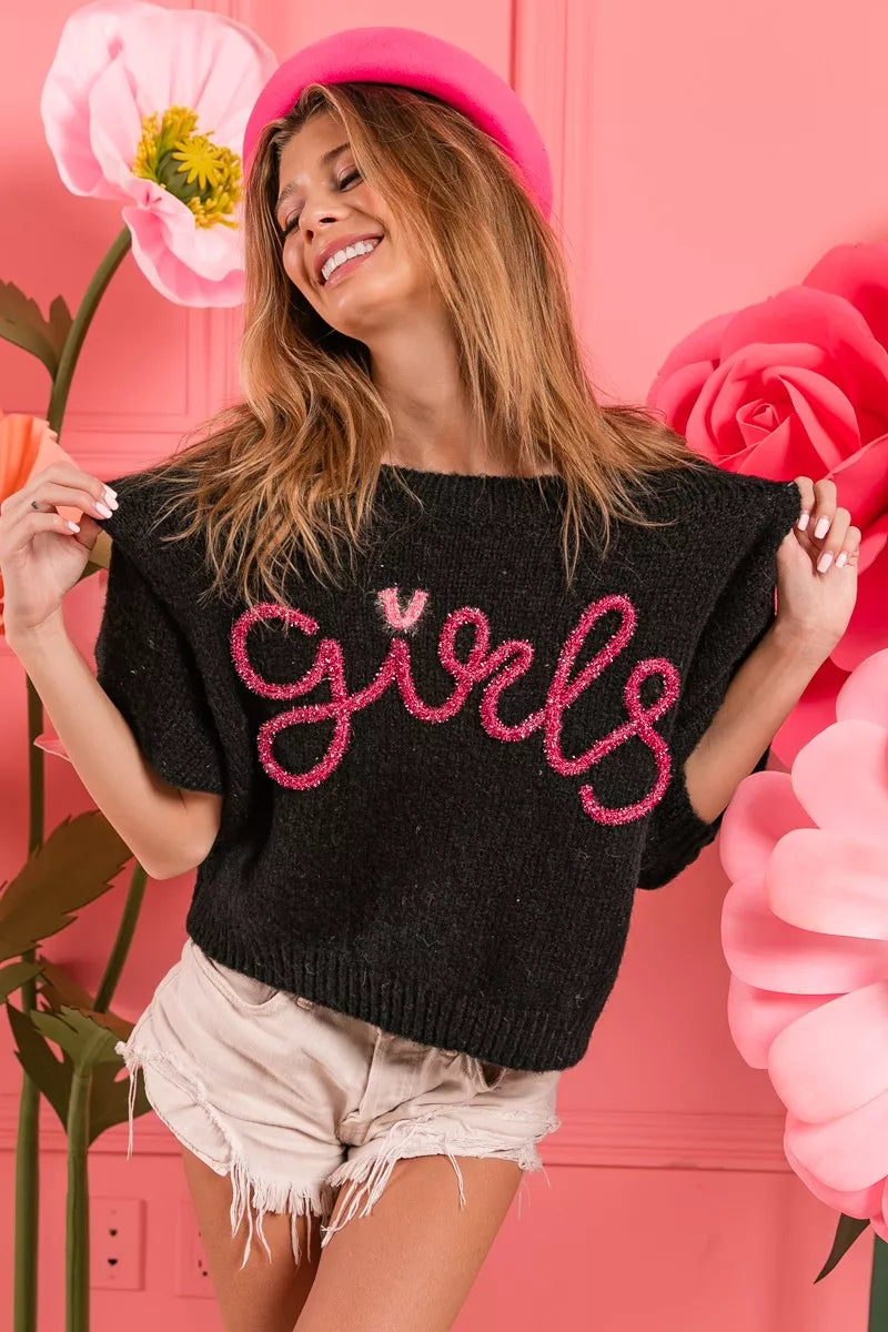 BiBi Metallic Letter Short Puff Sleeve Hairy Sweater