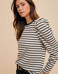 Annie Wear Striped Round Neck Puff Sleeve French Terry Top