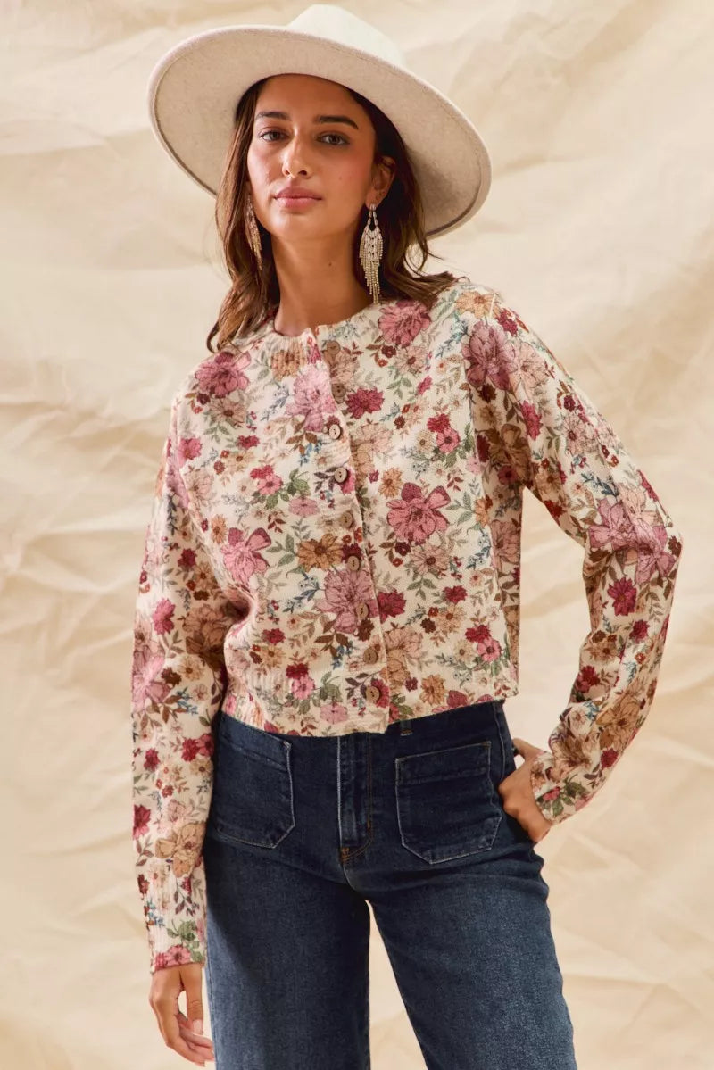SO ME Floral Print Button Front Sweater Cardigan