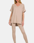 Zenana Full Size V-Neck Rolled Short Sleeve T-Shirt and Leggings Lounge Set