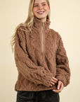 VERY J Fuzzy Fleece Half Zip Cable Pattern Sweatshirt