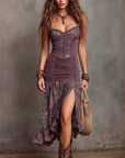 Women's Digital Print Pleated Strapless Maxi Dress – High Waist Button-Up Long Dress