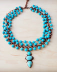 Triple Strand Turquoise & Copper Collar Necklace w/ Droplet Pendant 257lm