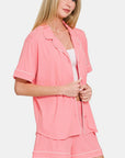 Zenana Button Down Short Sleeve Top and Shorts Lounge Set