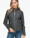 Snobbish Faux Leather Zip Up Mock Neck Jacket