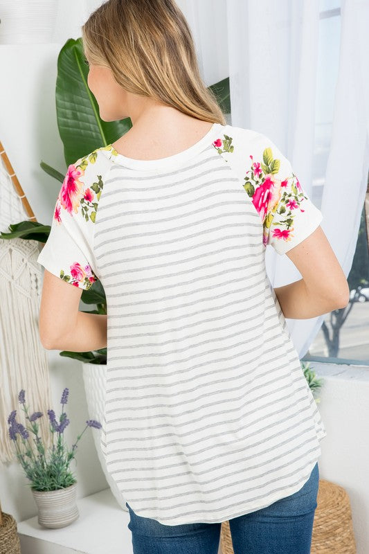 e Luna PLUS Floral Striped Mixed Top