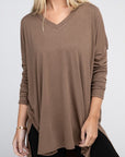 Zenana Dolman Long Sleeve V-Neck Side Slit Hi-Low Hem Top