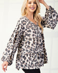 Celeste Full Size Leopard V-Neck Balloon Sleeve Blouse