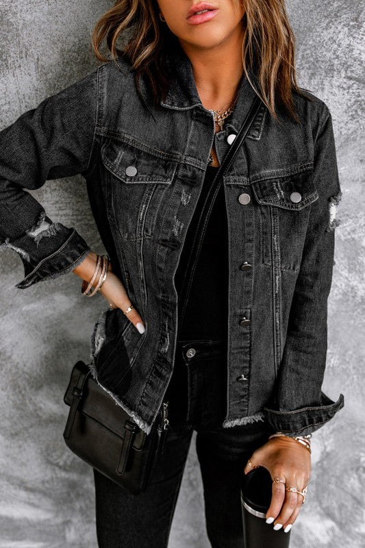 Denim Lapel Distressed Raw Hem Buttoned Jacket