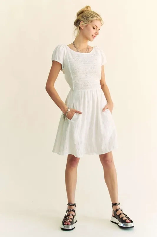 Davi & Dani Crossed Back Short Sleeve Dress with Pockets