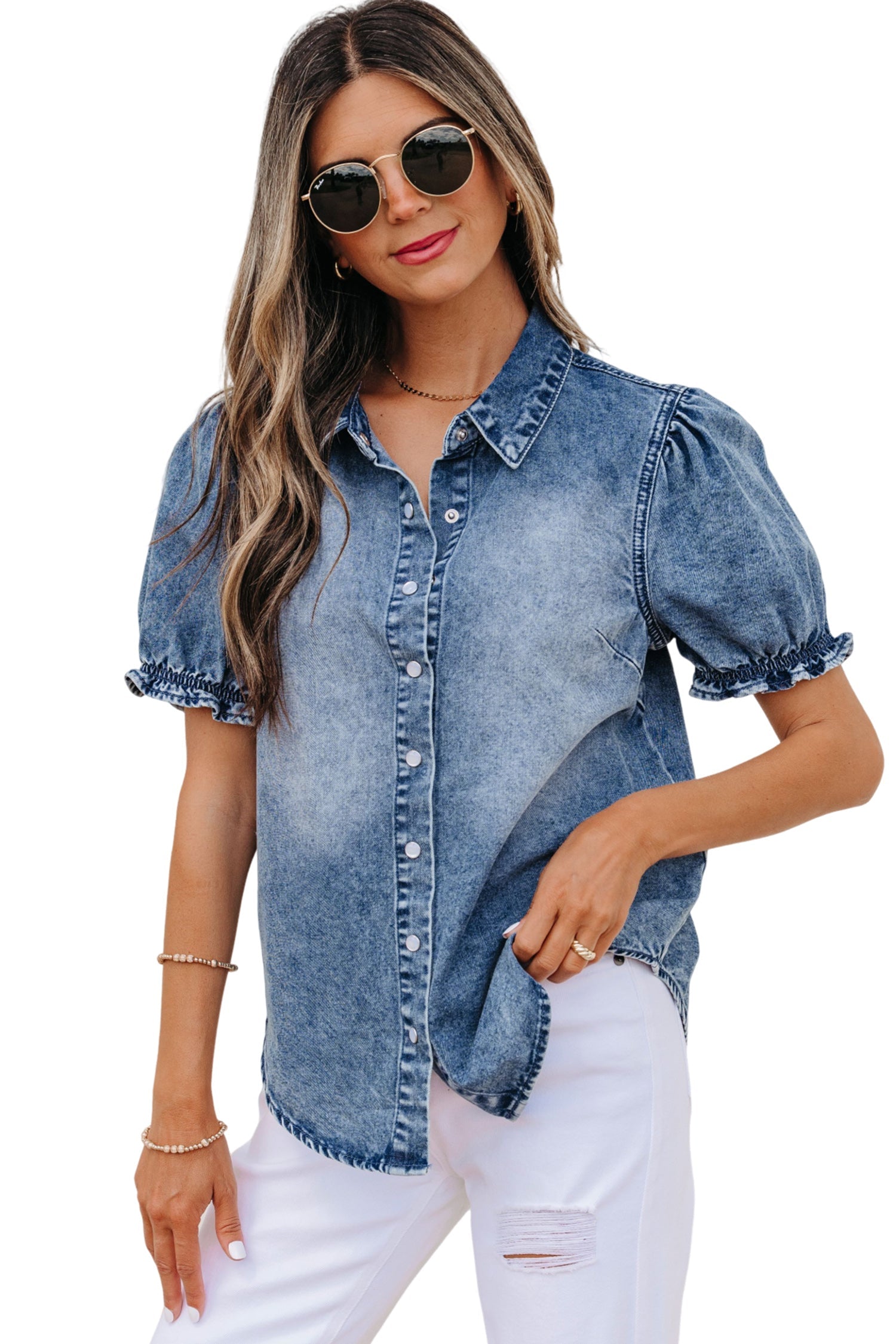 Denim Frilled Short Sleeve Snap Button Shirt