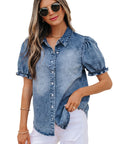 Denim Frilled Short Sleeve Snap Button Shirt