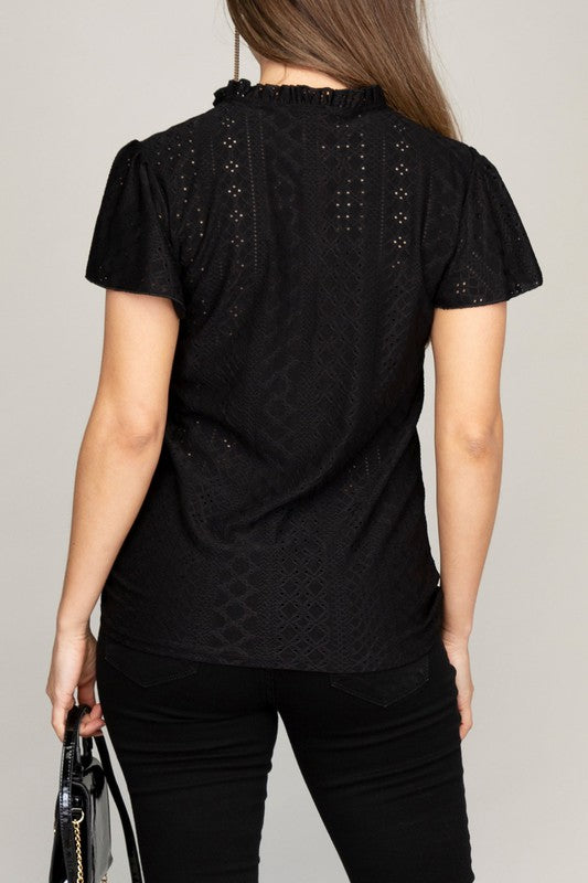 Embroidered Eyelet Blouse with Ruffle - Online Only