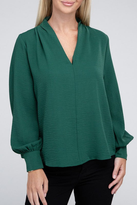 Zenana Woven Airflow V-Neck Long Sleeve Top