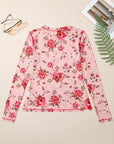 Pink Floral Print Exposed Seam Detail Mesh Long Sleeve Top