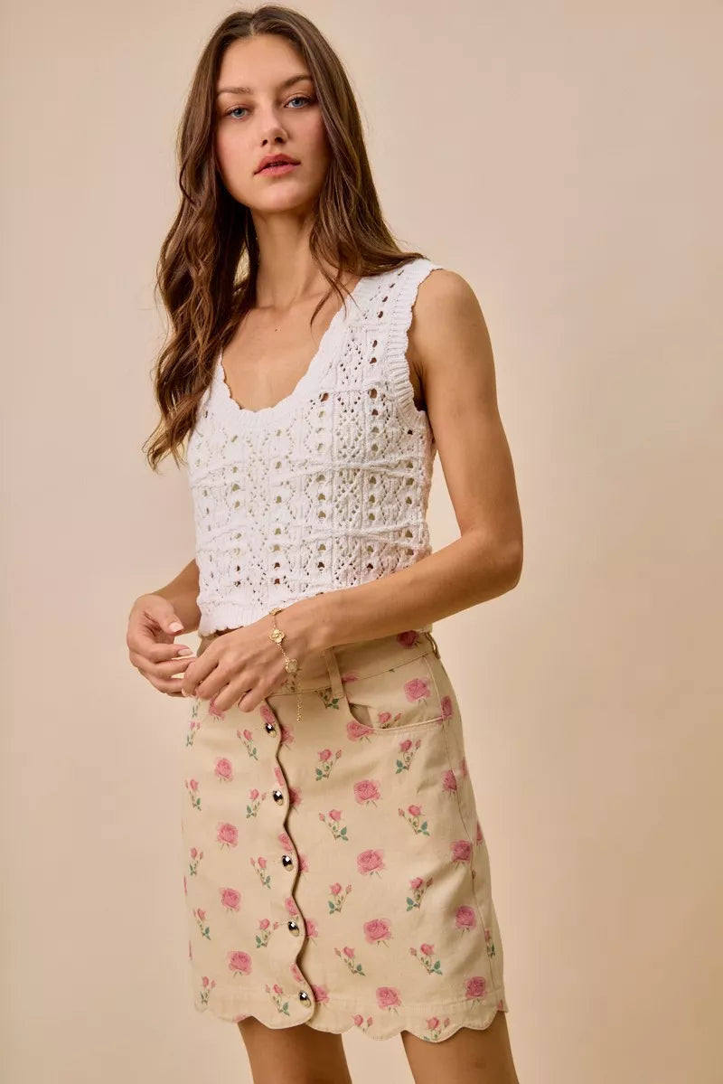 SO ME Floral Rose Print Cotton Twill Scallop Mini Skirt