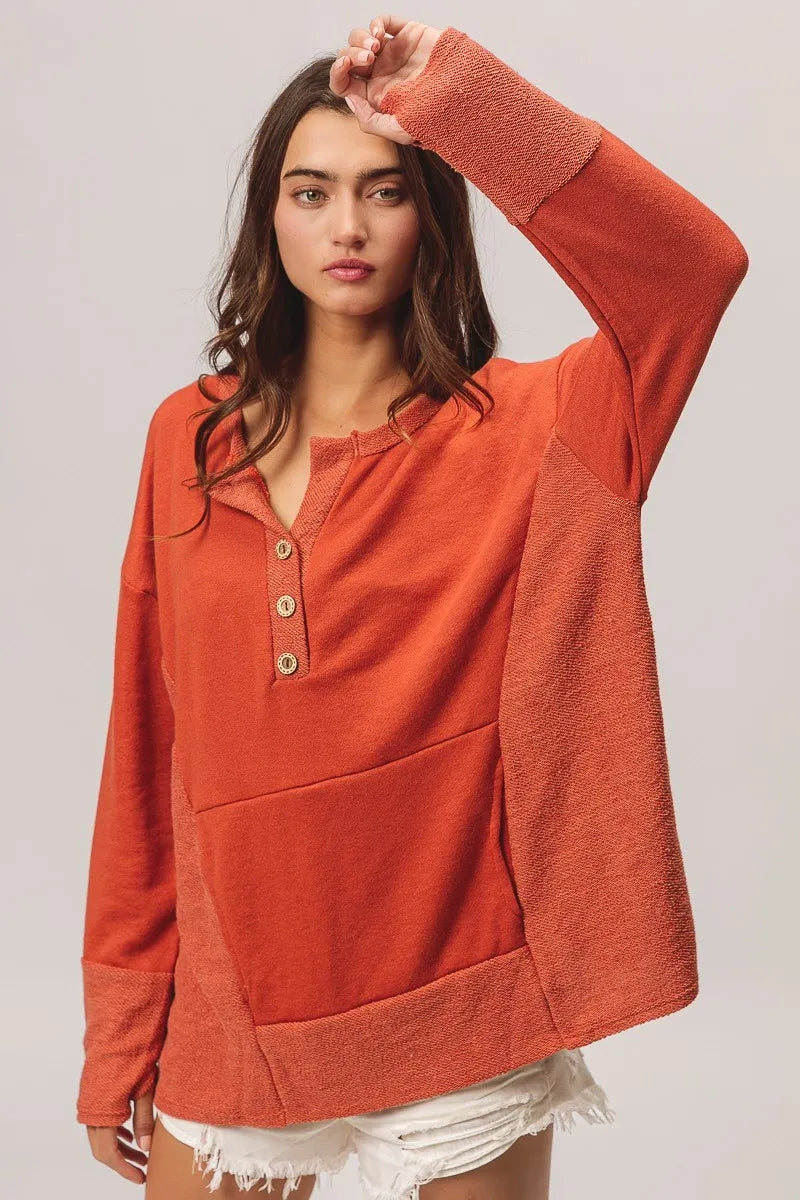 BiBi French Terry Knit Side Block Buttoned Henley Top in Rust