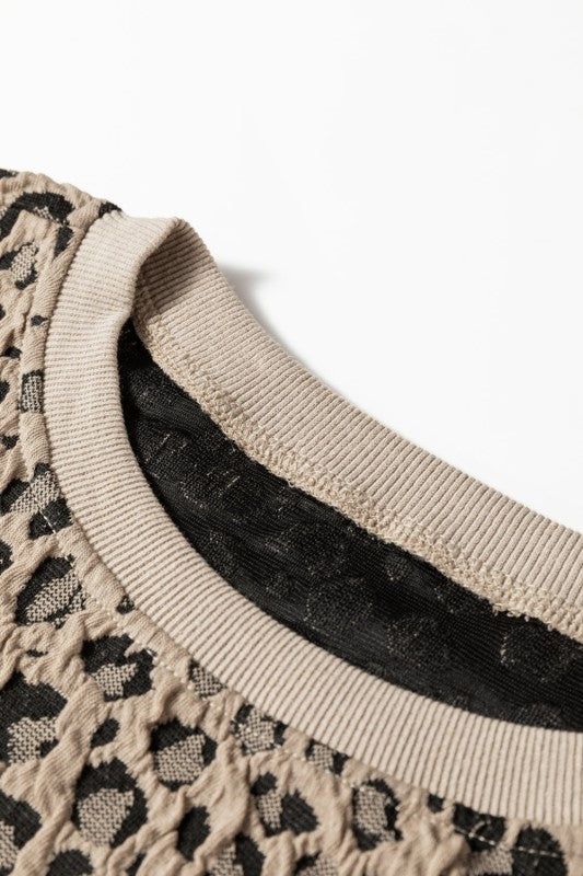 Leopard Ribbed Trim Long Sleeve Top