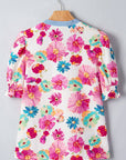 Floral Stripe Trim V-Neck Puff Sleeve Blouse