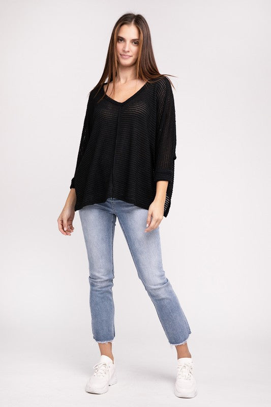 Zenana 3/4 Sleeve V-Neck Hi-Low Hem Jacquard Sweater